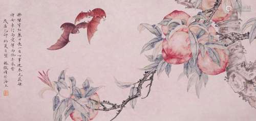 CHINESE SCROLL PAINTING OF BAT AND PEACH