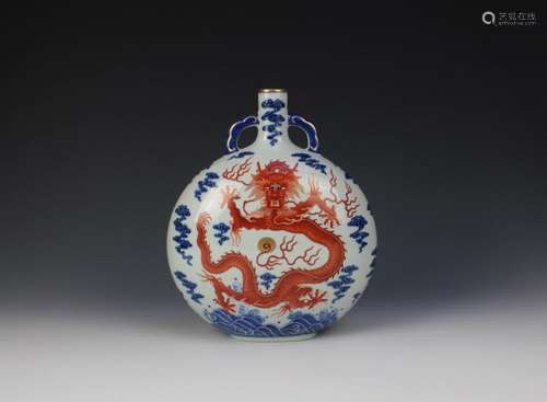 CHINESE PORCELAIN BLUE AND WHITE IRON RED DRAGON MOONFLASK VASE