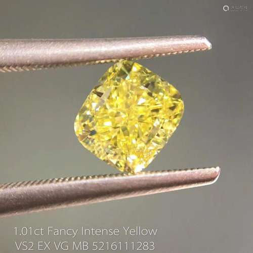 GIA CERTIFICATED 1.01 CT CUSHION SHAPE FANCY INTENSE YELLOW DIAMOND