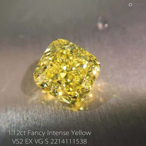 GIA CERTIFICATED 1.12 CT CUSHION SHAPE FANCY INTENSE YELLOW DIAMOND