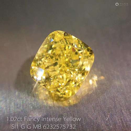 GIA CERTIFICATED 1.02 CT CUSHION SHAPE FANCY INTENSE YELLOW DIAMOND