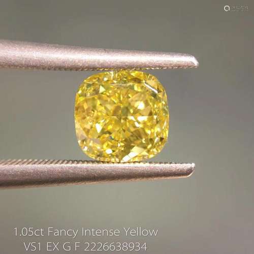 GIA CERTIFICATED 1.05 CT CUSHION SHAPE FANCY INTENSE YELLOW DIAMOND