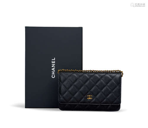 CHANEL 黑色 菱格牛皮 金色链带银包肩背袋（ 全新 ）