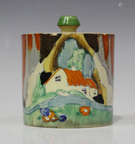 A Clarice Cliff Bizarre 'Forest Glen' pattern cylindrical preserve jar and cover