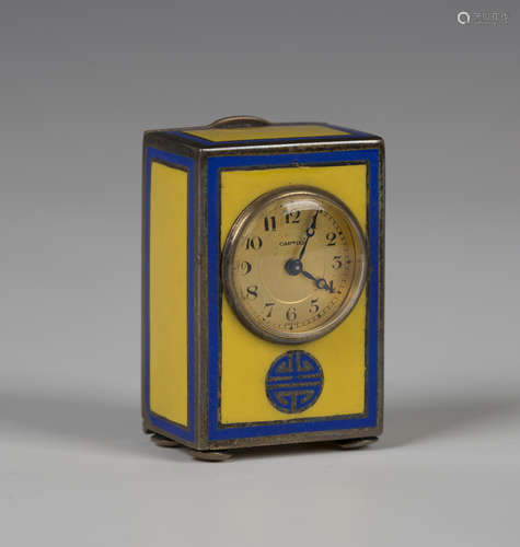 An early 20th century silver and enamel miniature carriage timepiece