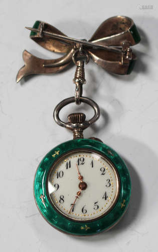 An enamelled silver keyless wind open-faced lady's fob watch