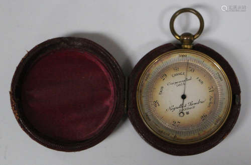 A late 19th century lacquered brass cased pocket barometer