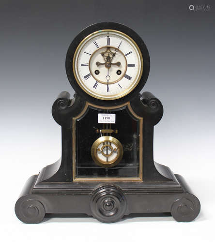 A late 19th century French slate mantel clock with eight day movement striking on a bell via an outside countwheel