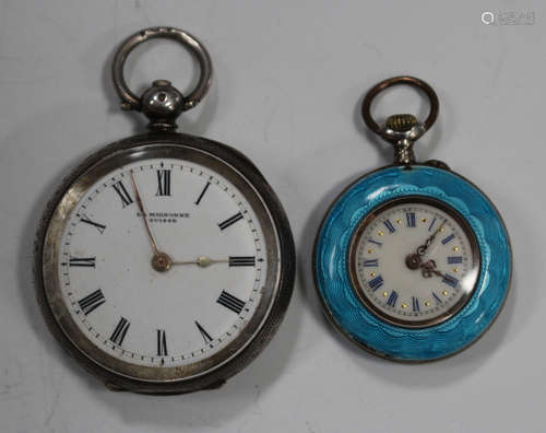 A pale blue enamelled keyless wind open-faced lady's fob watch