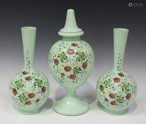 A garniture of opaline glass vases