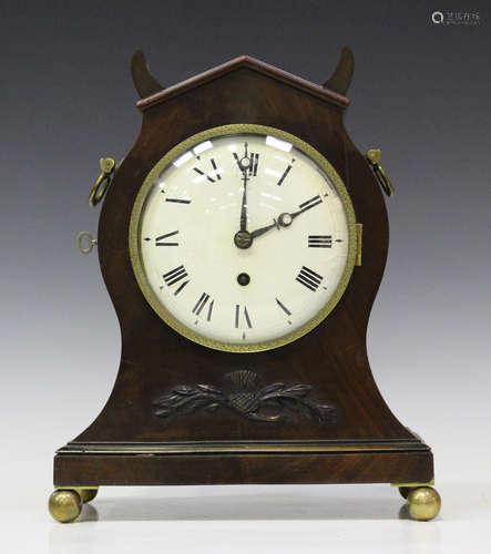 A Regency Scottish mahogany mantel timepiece with brass single chain fusee movement