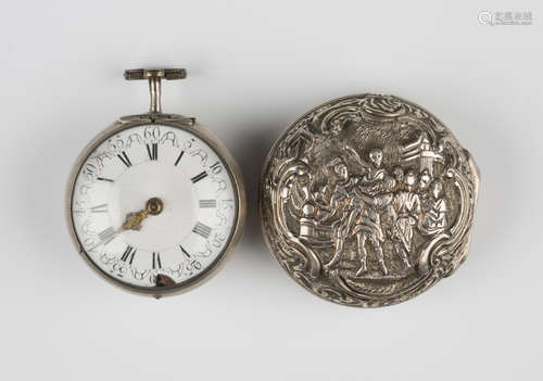 A mid-18th century silver repoussé pair cased open-faced gentleman's pocket watch