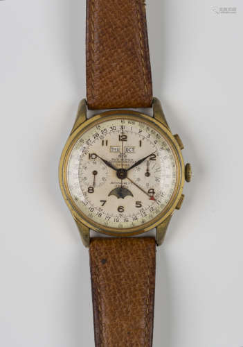 A Bucherer gilt metal fronted and steel backed gentleman's chronograph calendar wristwatch