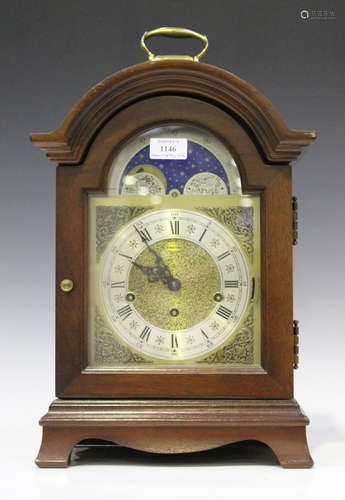 A late 20th century mahogany bracket clock with Franz Hermle eight day jewelled movement chiming on eight gongs