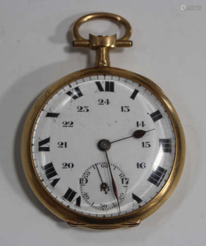 A gold cased keyless wind open-faced pocket watch