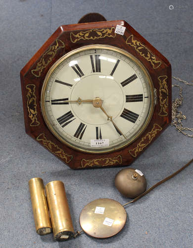 A 19th century Continental rosewood wall clock with weight driven movement striking on a bell