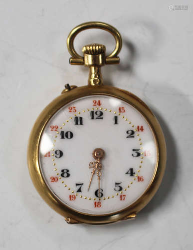 A gold cased keyless wind open-faced lady's fob watch with an unsigned cylinder movement