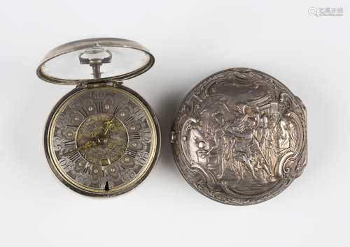 A mid-18th century silver repoussé pair cased open-faced gentleman's pocket watch