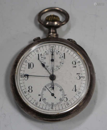 A silver keyless wind open-faced gentleman's chronograph pocket watch with stop watch function