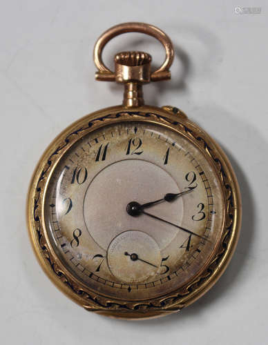 A gold and enamel cased keyless wind open-faced lady's fob watch