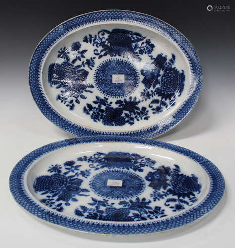 A pair of pearlware blue printed oval meat platters