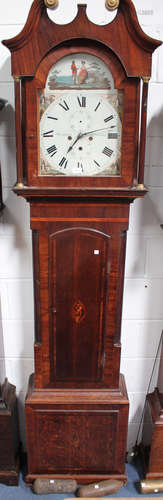 An early 19th century oak and mahogany longcase clock with eight day movement striking on a bell