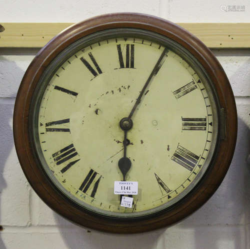 A late Victorian mahogany circular wall timepiece with chain fusee movement