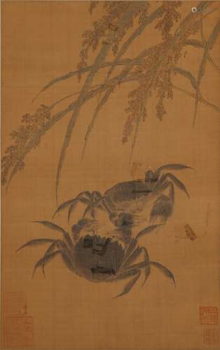 CHINESE SCROLL PAINTING OF CRAB ON SILK