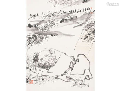 吴山明（b.1941） 松下高士 镜片 水墨纸本