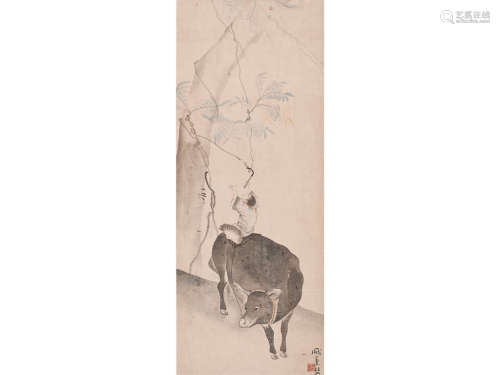 庞熏刊（1906～1985） 牧牛图 立轴 设色纸本