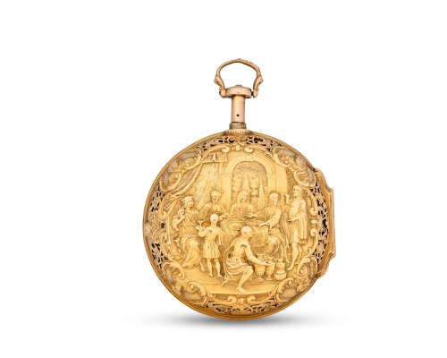 circa 1740  Jacob van der Cloesen, Leiden. A fine and rare gold pair case quarter repeating watch with repoussé outer case by David Dupont