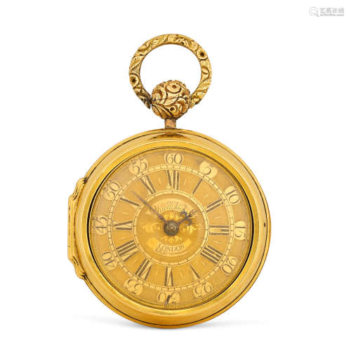 inner case hallmarked London, 1728  Charles Quenovault. A gold pair case verge watch