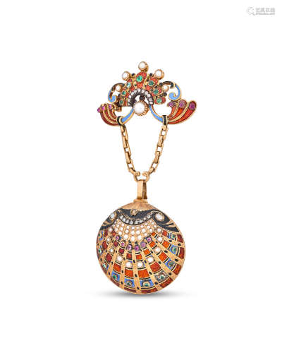 late 19th century  A fine jeweled and enameled gold shell-form watch pendant