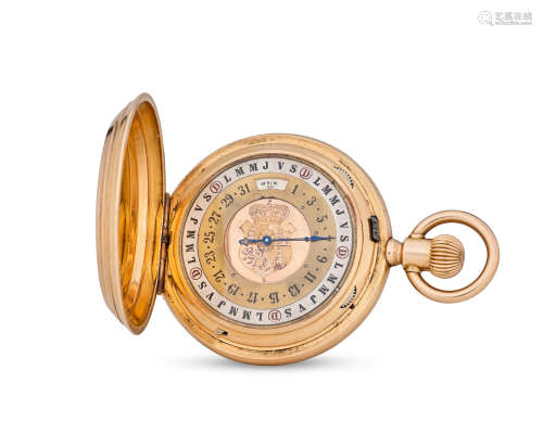 Last quarter 19th century  Swiss. An 18K gold engraved hunter cased double dial calendar watch with moon phase for the Spanish market