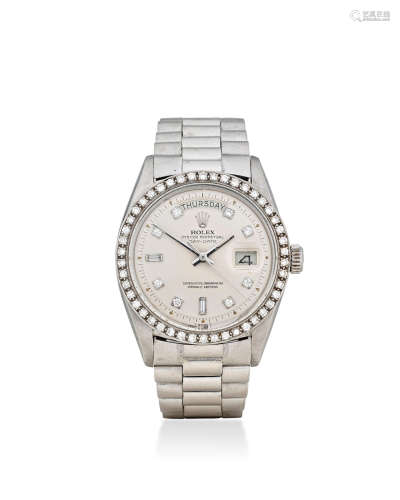 Oyster Perpetual Day – Date, Ref: 1804/6, Circa 1972  Rolex. A platinum and diamond automatic bracelet watch with day and date