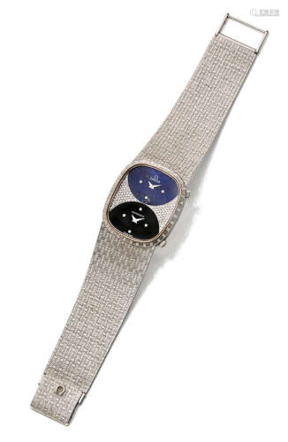 Ref: 351.0035, 1970's  Omega. A rare 18K white gold, diamond, lapis lazuli and onyx automatic dual time zone bracelet watch