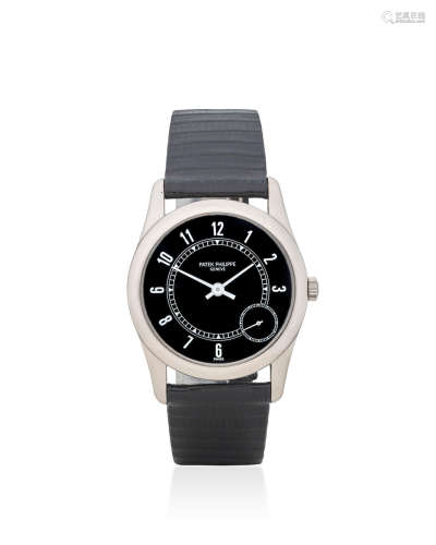 Ref: 5000, 1990's  Patek Philippe. A fine 18K white gold automatic black dial wristwatch with eccentric seconds