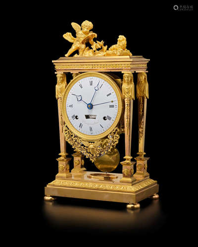 Signed Corniquet à Paris, circa 1795  An unusual ormolu Equation of Time portico clock with fusee movement