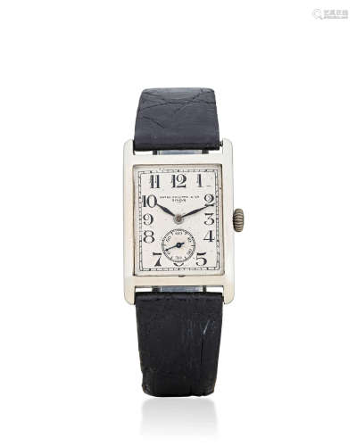 circa 1928  Patek Philippe. An 18K white gold rectangular wristwatch