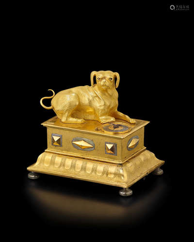 South German, early 17th century  A very rare gilt quarter striking alarm clock with automaton of a hound