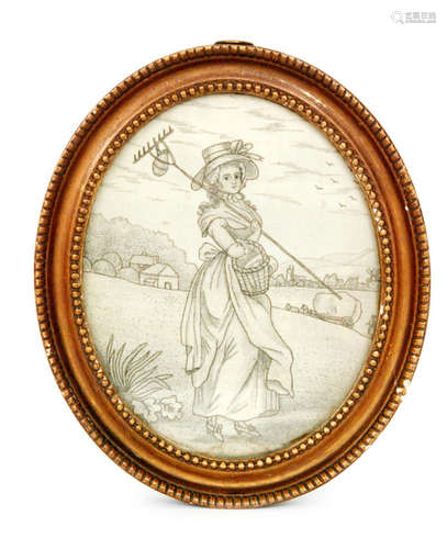 An early 19th Century framed silk needlework depicting a young lady in Regency dress holding a basket and a rake and walking across a country landscape