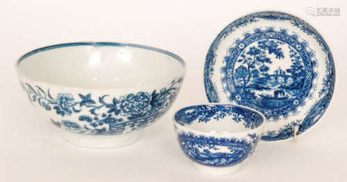 An 18th Century Worcester First Period blue and white teabowl and saucer decorated in the printed blue and white Circle Landscape pattern