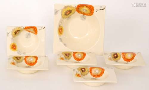 A Clarice Cliff Tresco pattern Biarritz shape dessert service comprising a square serving bowl and five matched smaller bowls all hand painted with a graduated floral motif to the shoulder