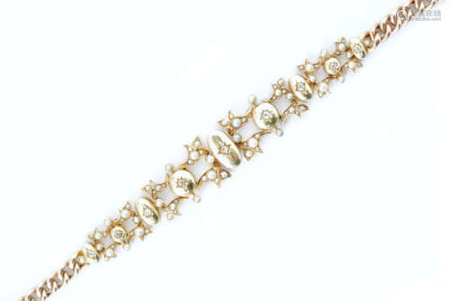 An early 15ct and 9ct diamond and seed pearl set bracelet