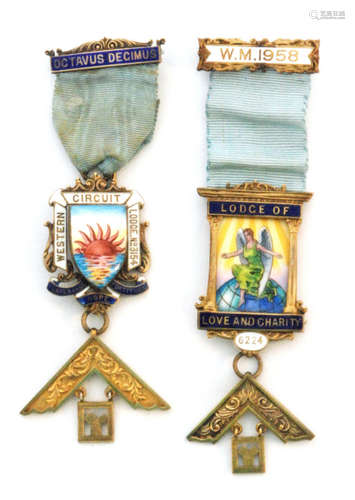 Two enamelled decorated Masonic Jewels Lodge of Love and Charity No 6224 and Western Circuit Lodge No 3154