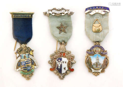 Three hallmarked and enamelled decorated silver Masonic Founders Jewels Spitalfields Lodge No 4838