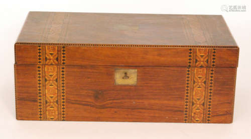 A Victorian walnut Tunbridge ware inlaid writing slope with fitted interior and inset with a brass presentation plaque