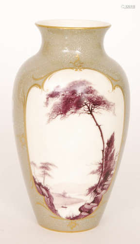 A Royal Worcester vase decorated by Sedgley with a central cartouche hand painted with a puce landscape