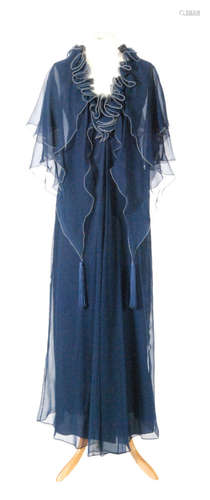 A 1970s John Bates for Jean Varon lady's vintage dress with a blue polyester shift dress under a blue chiffon layer