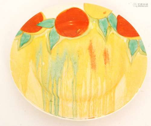 A 1930s Clarice Cliff Delecia Peaches circular side plate circa 1931 hand painted with stylised fruit and foliage over a Delecia streaked ground